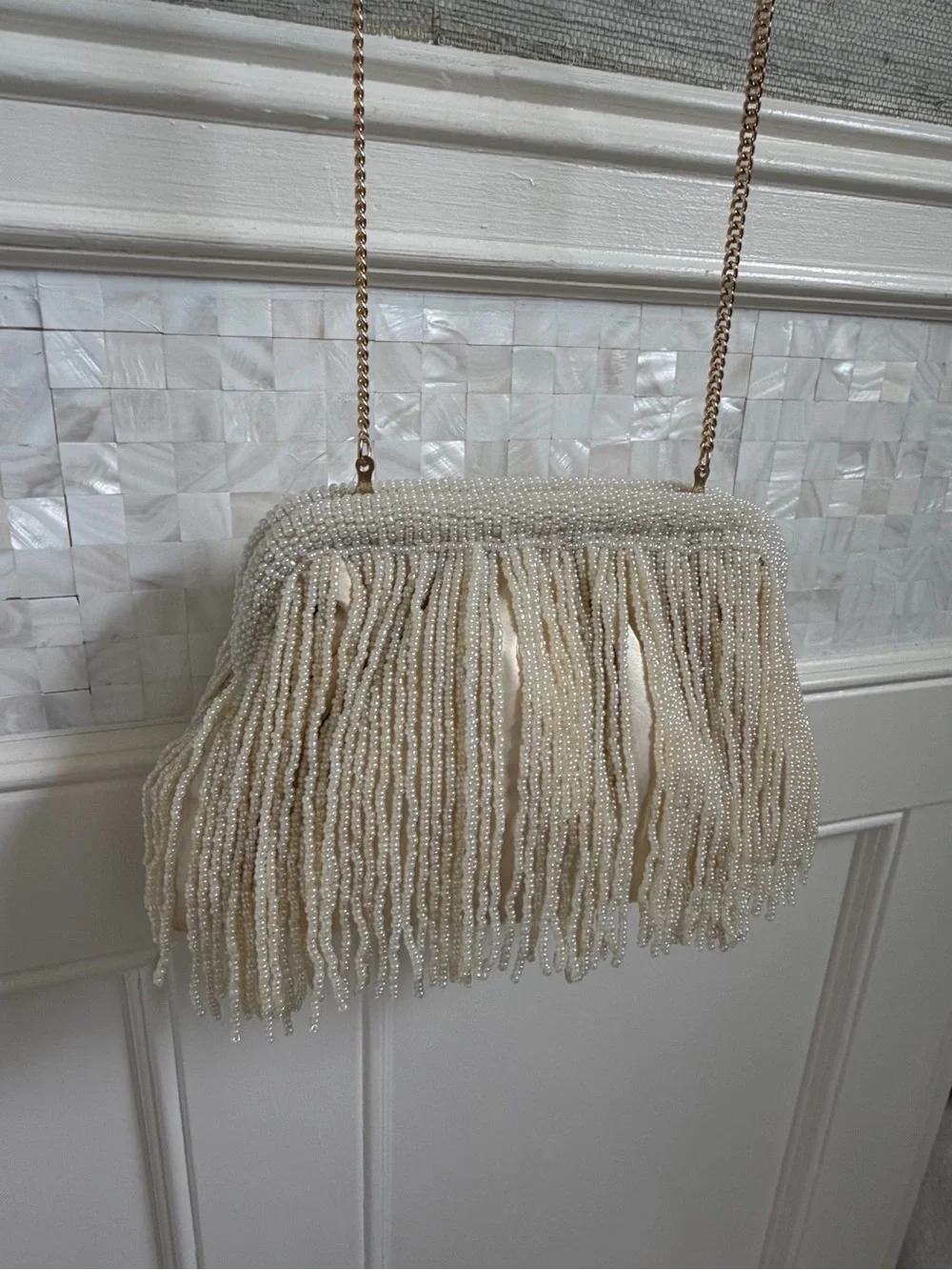 NWOT new beaded long Fringe clutch crossbody bag chain white cream wedding